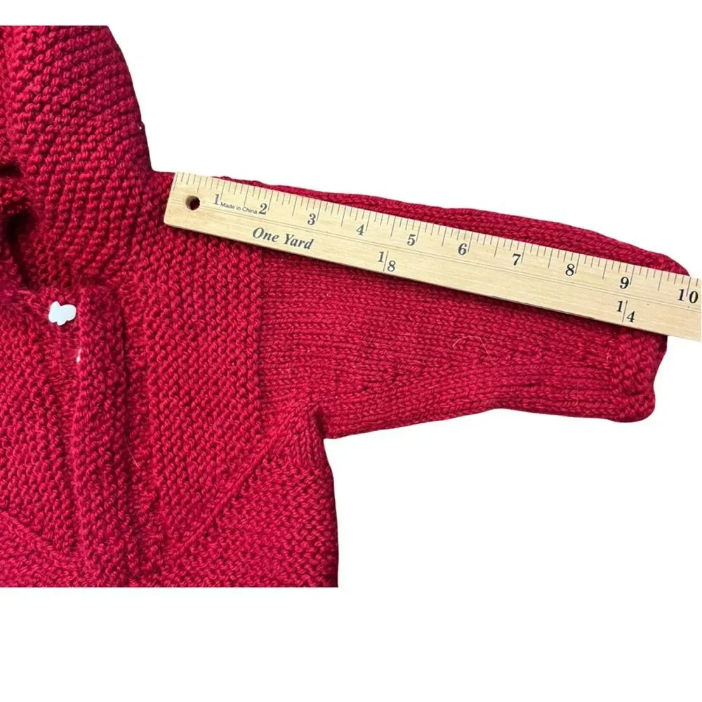 Handmade Red Knit Baby Hoodie with Bunny Button Detail Size 3-6 Months